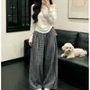 Traje de baño de manga larga con protección solar, hombros descubiertos, pantalones de pierna ancha a cuadros de cintura alta, conjunto de dos piezas para mujer, verano, estilo coreano, holgado, moda, conjunto casual