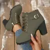 Botas femininas plus size de comércio exterior europeu e americano, novo modelo de outono 2026, botinhas de salto alto com zíper lateral e salto grosso, botas estilo Martin com cadarço