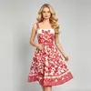 Vestido de tirantes con estampado Retro Court para mujer, cintura alta, adelgazante, dobladillo ancho, falda midi de línea A, estilo vacacional, falda con estampado posicional