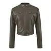 Chaqueta de Cuero Corta Estilo Motocicleta Retro con Cuello Alto para Mujer 2026 Otoño Nueva Chaqueta Top Versátil Favorecedora y Adelgazante