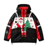 Chamarra de algodón con capucha impresa personalizada en negro y rojo para hombre, chamarra de trabajo de algodón a prueba de viento de corte holgado para hombre, chamarra de algodón temática de Santa Claus para hombre