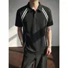 Camisa Polo Rayada Retro Americana para Hombre, Camiseta de Manga Corta Deconstruida de Peso Pesado, Top Holgado Oversize de Gama Alta, Moderno