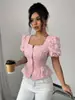 Ropa Femenina Transfronteriza Europea y Americana Moda de Verano Elegante Casual Camisa Cuello Cuadrado Manga Abullonada Manga Corta Top Dulce