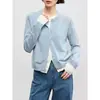 Cardigã de malha de lã falso duas peças com blocos de cor estilo coreano Qiaomi para mulheres, novo modelo de primavera, estilo M*iu, top casual com gola redonda