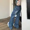 Jeans Bootcut Lavado Azul Retrô de Garota Quente Americana para Mulheres Primavera e Outono Calças de Cintura Baixa Soltas Retas de Perna Larga