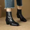 Botines de Cuero Lavado a Cuadros Tejidos Retro con Tacón Grueso 2025 Invierno Nuevos Punta Redonda Tacón Grueso Cremallera Lateral