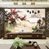 Novo sofá de sala de estar atmosférico moderno chinês, tecido para parede de fundo de TV, papel de parede de paisagem, mural em relevo de ameixa tridimensional 8D