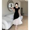 Vestido Francês de Manga Curta Plus Size para Mulheres no Verão, Aparência que Afina a Cintura, Saia Longa em Blocos de Cor, Saia de Cor Contrastante Estilo Hepburn para Pessoas um Pouco Acima do Peso