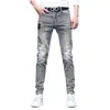 Temporada de primavera y otoño, pantalones de mezclilla grises para hombre, elásticos, modernos, corte ajustado, pierna cónica, estilo europeo, con estampados únicos, pantalones largos casuales