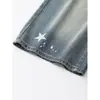 Calça jeans cropped de perna larga azul com estampa de estrelas, projetada para baixinhas, calça de verão da moda para mulheres plus size, efeito emagrecedor