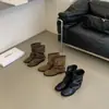 Botas de Cowboy Ocidentais Femininas 2026 Novas Botas de Verão Couro Melanóide Retrô Fivela Salto Grosso Franzido Empilhadas Botas Curtas