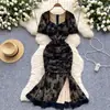 Vestido de Jantar Feminino de Alta Qualidade para Festa de Banquete Slim-fit com Estampa Flockada Plissado Dividido Cauda de Peixe