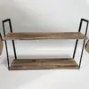 Prateleira Flutuante de 2 Níveis Armazenamento para Banheiro Pendurada na Parede Lavanderia Quarto Cozinha Organizador Metal Madeira Estilo Country Natural