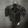 2025 Nuevo Estilo de Verano Camisa con Cintura y Mangas Abullonadas Moda de Nicho para Mujer Camisa con Diseño Corto de Gancho