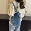 Ins Vintage azul escuro Denim Bordado Flor All-match Ombro Bolsa Estudante Lancheira Bolsa Balde Bolsa Bolsa Feminina Fofa