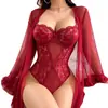 Body sexy transparente europeu e americano transfronteiriço, pijama, roupão, renda em malha transparente lingerie erótica para mulheres, comércio exterior