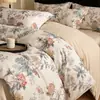 Juego de Cama de Cuatro Piezas de Algodón Puro Cepillado Cerámico con Impresión Digital Engrosado Funda Nórdica para Dormir Desnudo Sábana Ropa de Cama para Dormitorio Principal