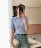 En stock persona de papel adelgazante ~ temperamento minimalista cuello polo suéter de seda helada manga corta de mujer tijeras cuello en V top