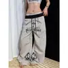 Pantalones de Verano con Estampado de Letras Retro Americano, Rayas, Plisados, Forma de Cimitarra, Cordón, Holgados, Pierna Ancha, Casual