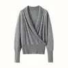 Nuevo Suéter de Cachemir Cruzado en el Cuello y Envolvente en el Pecho para Mujer Otoño/Invierno 2026, Camisa Base de Color Sólido, Corte Holgado, Suéter Adelgazante y Cálido