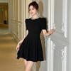 Vestido Negro Corto Estilo Hepburn para Mujer, Verano Elegante Línea A Cintura Ajustada Vestido Abullonado 21665