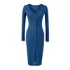 Elegante Vestido Midi de Punto Estilo Coreano con Escote en V Profundo, Botones, Ceñido a la Cintura, que se Ajusta a las Caderas, Corte Delgado, Manga Larga y Abertura Frontal