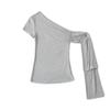 Verano Nuevo Lujuria Pura Estilo Sexy Look Adelgazante Top con Cuello Oblicuo Diseño de Cinta Camiseta de Manga Corta con Hombros Descubiertos para Mujer
