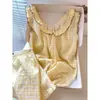 2026 Conjunto de Pijama Nuvem de Algodão com Camisola Amarela Xadrez Doce para Mulheres com Renda e Mangas Bufantes, Estilo Japonês, Roupa de Casa