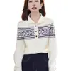 Suéter Jacquard Fair Isle Retrô para Mulheres Outono/Inverno 2025 Gola Alta Meia Botões Malha Grossa Elegante Redutor de Idade Camisa Base