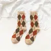 Meias Lingge Meias de Comprimento Médio para Crianças Meias de Lã Outono e Inverno Estilo Academia Britânica Meias Femininas Meias Xadrez Vintage