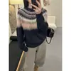 Suéter Jacquard Fair Isle Outono e Inverno para Mulheres, Tricô Color Block Gola Redonda, Peça Superior Macia Estilo Preguiçoso Quente e Aconchegante Vintage
