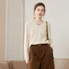 Otoño Invierno Nuevo Top Térmico de Cachemira para Mujer Manga Larga Tejido de Canalé Cuello en V Moda Color Sólido Versátil Casual Simple Grueso