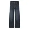 Calça Jeans Longa Wide Leg Cor Natural Retro Americana Masculina Cintura Traseira Patchwork Bandeira Americana Textura Lavada Envelhecida Caimento Perna Reta