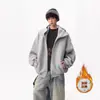 Moletom com Capuz de Tecido Air Layer Forrado com Fleece Estilo Americano Tendência para Homens e Mulheres, Casaco Cardigan Pesado de Inverno Solto com Zíper Duplo para Casal