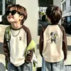 Ropa Interior de Felpa para Niños Cuello Redondo Otoño Invierno Estilo Nuevo Mediana y Grande Ropa Interior Infantil Patchwork Manga Larga Cálida Camiseta Top Cepillado