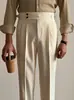 Pantalones de vestir de waffle de pierna recta Nápoles de cintura alta, pantalones casuales elegantes de alta calidad, silueta de traje, modernos