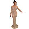 C6198 AliExpress Amazon Vestido de manga larga con diamantes de imitación transparentes de malla de color liso para mujer, moda europea y americana