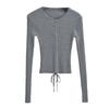Suéter Manga Longa Feminino Pequeno Gola Redonda Slim Fit com Barriga Exposta, Frente Longa, Costas Curtas, Alça Longa, Peça Básica para Usar por Baixo