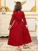 Vestido Largo Infantil Transfronterizo Estilo Nuevo con Cinturón, Mangas Largas, Ribete de Encaje, Bordado de Color Sólido, Vestido para Niñas