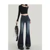 Jeans Flares Elásticos Slim-Fit de Cintura Alta com Design Único para Mulheres, Comprimento Estendido, Qualidade de Exportação
