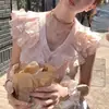 2026 Doce Verão Rosa Manga Curta Novo Emagrecedor Folha de Lótus Design de Camisa Top Curto Bolinhas Francesas