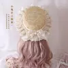 Lolita artesanal original elegante chapéu de palha cor natural cla margarida renda laço chapéu de palha flor casamento chapéu de sol
