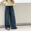 Jeans de Otoño/Invierno para Niñas Estilo 2026 Casual Niña Estilo Coreano Niños Medianos y Grandes Panel Frontal Patchwork Bordado Flores Pequeñas Pantalones