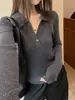 ¡Seda y lana! Camiseta base de punto de manga larga con cuello polo, suéter elegante para mujer 3956