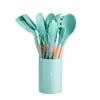 Balde de Armazenamento Popular Branco Cáqui com Alça de Madeira Conjunto de Utensílios de Cozinha de Silicone com 12 Peças Conjunto de Utensílios de Cozinha Conjunto de Cozinha