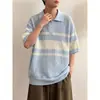 Camisa casual de punto para hombre de marca moderna, nueva de verano, a rayas azules y blancas, hueca, holgada, transpirable, de manga corta
