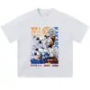 Camiseta Lavada com Estampa Desgastada Manga Curta Retro Americano Anime Solta Ombro Caído Gola Redonda Marca Tendência Verão Manga Longa Manga Curta