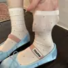 Meias femininas de verão finas na cor cinza, feitas de algodão de Xinjiang, comprimento até a panturrilha, estilo Miu, inspiradas em ballet, com bolinhas, em rede, de renda, meias empilhadas