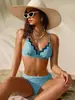 Bikini de baño a cuadros azul y blanco retro europeo y americano para 2026 con bordes ondulados, copas triangulares, cintura alta, traje de baño con efecto adelgazante