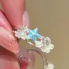 Estilo Férias de Verão_Anel Ajustável com Concha e Estrela-do-Mar Azul para Mulheres, Empilhável para a Praia, Anel para Dedo Indicador com Design de Nicho